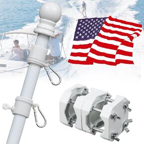 Boat Flag Pole Kit with 12x18'' Marine American Flag - 15-48" Adjustable Stainless Steel Boat Flag Pole with Rod Holder for 0.5-2.5’’Rail Mount,Heavy Duty Rustproof for Boats,Yacht,Truck