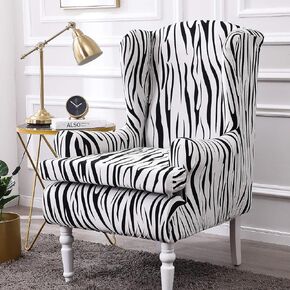 Wing Chair Covers, YBENWL 2 Pieces Zebra Striped Stretch Wingback Chair Slipcovers Elastic Polyester Spandex Fabric Stretch Sofa Armchair Slipcovers Washable Furniture Protector (White)
