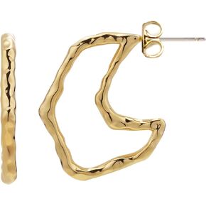 Semper.L Neomenia Earring, 14K Gold Plated 925 Sterling Silver Post Open Crescent Moon Hammered Texture Thick Hoop Earring for Women