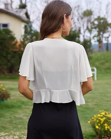 Tanou Women's Ruffle Chiffon Shrug Short Sleeve Open Front Sheer Bolero Cardigan for Evening Dress in Saudi Arabia