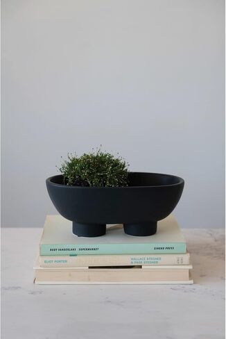 Creative Co-Op Stoneware Footed Bowl, 12" L x 8" W x 5" H, Black in Saudi Arabia