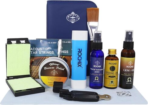 طقم تنظيف العناية بمنظف الجيتار، طقم صيانة 11 حزمة، شمع العسل، طلاء، زيت الليمون، زيت الخيط، حافظة الخيط، قلم حماية الخيط (لون عشوائي)، اللفاف، أوتار الجيتار، فرشاة الخيط، قطعة قماش للتنظيف، الحقيبة in Kuwait
