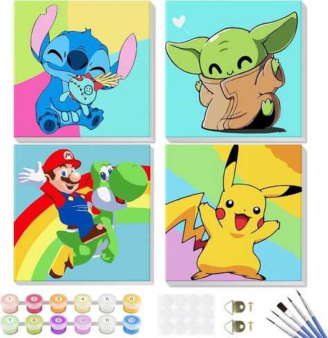 4 Pack Paint by Numbers for Kids Beginners - Framed Canvas Cartoon Painting by Numbers for Kids Ages 5-8-12, Easy Paint by Numbers Kit Crafts for Kids Paint by Number Kits for Wall Decor(8X8inch) in Saudi Arabia