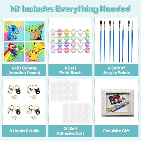 4 Pack Paint by Numbers for Kids Beginners - Framed Canvas Cartoon Painting by Numbers for Kids Ages 5-8-12, Easy Paint by Numbers Kit Crafts for Kids Paint by Number Kits for Wall Decor(8X8inch) in Saudi Arabia