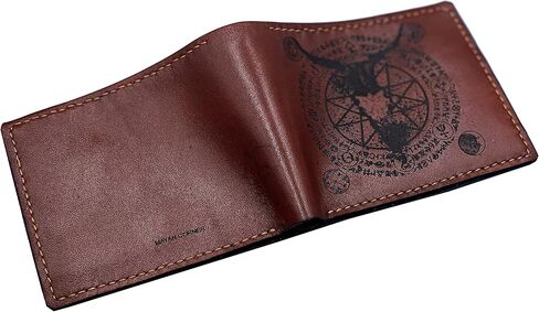 Mayan Corner - محفظة رجالية مصنوعة يدويًا من الجلد الطبيعي، محفظة ثنائية الطي، نمط رموز الشيطان الخماسي القديم - 3CH in Kuwait