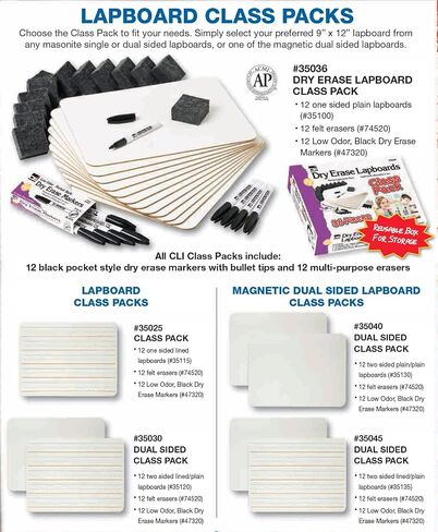 Charles Leonard Dry Erase Board Classroom Pack - Mini Lapboard School Supplies - Includes 12 Each One-Sided Lined Erasable White Boards, 2 Inch Felt Erasers and Black Dry Erase Markers (35025) in Saudi Arabia