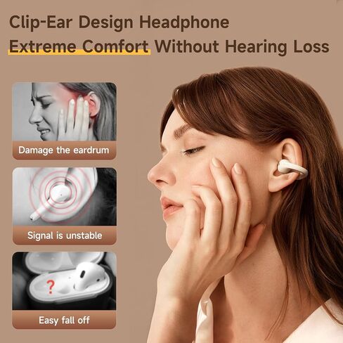 Open Ear Clip Headphones, Wireless Earbuds Bluetooth 5.3 Sport Clip-on Earphones Built-in Microphone,Waterproof, 30H Playtime Wireless Bluetooth Ear Buds Compatible with Android iOS/Samsung-Brown in Saudi Arabia