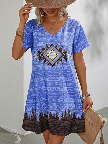 Sasamul Floral Print V Neck Short Dress for Women Sexy Short Sleeve Loose Fit Summer Dress in Saudi Arabia