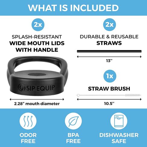 Sip Equip Wide Mouth Straw Lids (2 Pack), Compatible with Hydro Flask, Simple Modern, Hydro Cell, Thermoflask, Takeya, Vmini and Iron Flask, 2 Lids, 2 Straws and 1 Straw Brush in Saudi Arabia