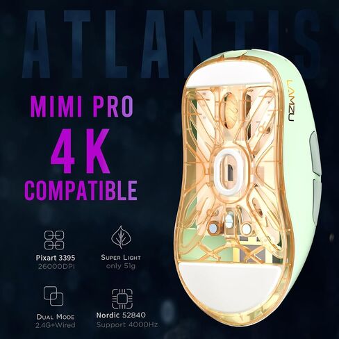 Lamzu Atlantis Mini Pro Wireless Gaming Mouse, Ultra Lightweight 51g, Mechanical Switch,Symmetrical,26000 DPI,MCU Nordic 52840,Silver TTC Encoder,PAW3395 Sensor, 4K Compatible-Polar Whtie in Saudi Arabia