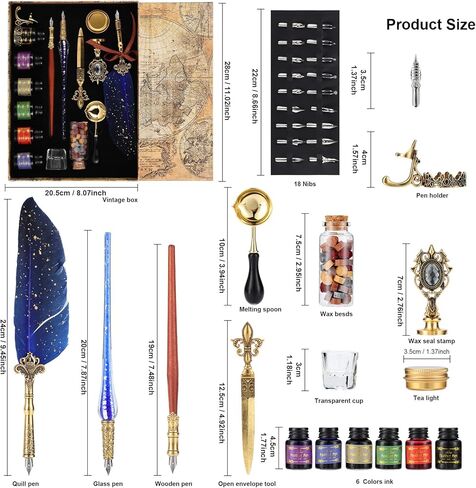مجموعة أقلام وحبر من RoseFlower، مجموعة أقلام ريشة الخط مع قلم غمس، 18 سنًا قابلة للاستبدال، 6 حبر، ختم ختم الشمع، ختم الشمع، شمع الشاي، أداة فتح المغلف، كوب، هدية فنية لكتابة الرسم in Kuwait