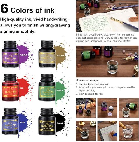مجموعة أقلام وحبر من RoseFlower، مجموعة أقلام ريشة الخط مع قلم غمس، 18 سنًا قابلة للاستبدال، 6 حبر، ختم ختم الشمع، ختم الشمع، شمع الشاي، أداة فتح المغلف، كوب، هدية فنية لكتابة الرسم in Kuwait