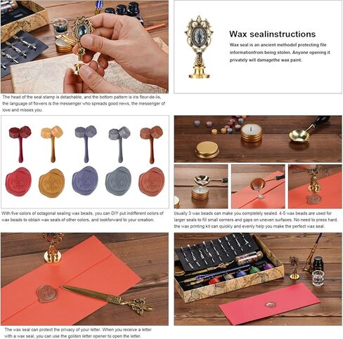 مجموعة أقلام وحبر من RoseFlower، مجموعة أقلام ريشة الخط مع قلم غمس، 18 سنًا قابلة للاستبدال، 6 حبر، ختم ختم الشمع، ختم الشمع، شمع الشاي، أداة فتح المغلف، كوب، هدية فنية لكتابة الرسم in Kuwait