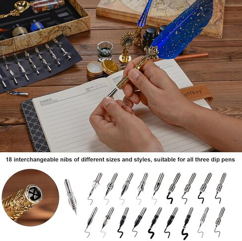 مجموعة أقلام وحبر من RoseFlower، مجموعة أقلام ريشة الخط مع قلم غمس، 18 سنًا قابلة للاستبدال، 6 حبر، ختم ختم الشمع، ختم الشمع، شمع الشاي، أداة فتح المغلف، كوب، هدية فنية لكتابة الرسم in Kuwait