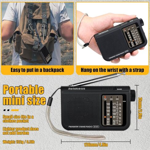 Retekess V117 Portable Radio AM FM, Shortwave Radio with Clear Dial, Transistor Radio with Best Reception for Seniors (Black) in Saudi Arabia