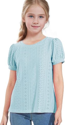 NUMYEAN Girls Short Sleeve Shirts Summer Tunic Tops Puff Sleeve Lace Blouse for Girls 5-14 Years in Saudi Arabia