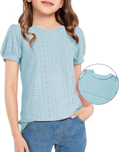 NUMYEAN Girls Short Sleeve Shirts Summer Tunic Tops Puff Sleeve Lace Blouse for Girls 5-14 Years in Saudi Arabia