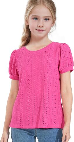 NUMYEAN Girls Short Sleeve Shirts Summer Tunic Tops Puff Sleeve Lace Blouse for Girls 5-14 Years in Saudi Arabia