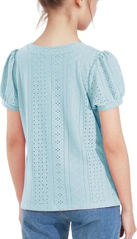NUMYEAN Girls Short Sleeve Shirts Summer Tunic Tops Puff Sleeve Lace Blouse for Girls 5-14 Years in Saudi Arabia