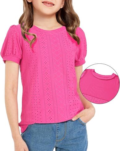 NUMYEAN Girls Short Sleeve Shirts Summer Tunic Tops Puff Sleeve Lace Blouse for Girls 5-14 Years in Saudi Arabia