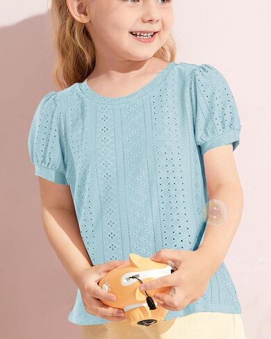 NUMYEAN Girls Short Sleeve Shirts Summer Tunic Tops Puff Sleeve Lace Blouse for Girls 5-14 Years in Saudi Arabia