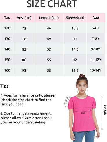 NUMYEAN Girls Short Sleeve Shirts Summer Tunic Tops Puff Sleeve Lace Blouse for Girls 5-14 Years in Saudi Arabia
