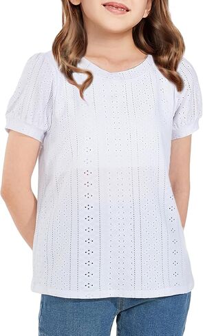 NUMYEAN Girls Short Sleeve Shirts Summer Tunic Tops Puff Sleeve Lace Blouse for Girls 5-14 Years in Saudi Arabia
