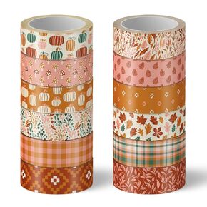 Whaline 12 Rolls Fall Watercolor Washi Tapes Colorful Autumn Pumpkin Maple Leaves Tree Mushroom Patterned Masking Tape Decorative Tape for Fall Scrapbook Journal DIY Craft Gift Wrapping, 0.6Inch in Kuwait