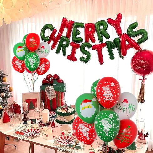 بالونات عيد الميلاد، بالونات خضراء وحمراء مقاس 12 بوصة مع شريط لتزيين حفلات عيد الميلاد وأعياد الميلاد in Kuwait