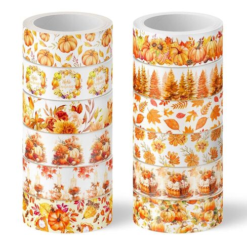 Whaline 12 Rolls Fall Watercolor Washi Tapes Colorful Autumn Pumpkin Maple Leaves Tree Mushroom Patterned Masking Tape Decorative Tape for Fall Scrapbook Journal DIY Craft Gift Wrapping, 0.6Inch in Kuwait
