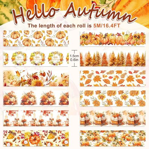 Whaline 12 Rolls Fall Watercolor Washi Tapes Colorful Autumn Pumpkin Maple Leaves Tree Mushroom Patterned Masking Tape Decorative Tape for Fall Scrapbook Journal DIY Craft Gift Wrapping, 0.6Inch in Kuwait