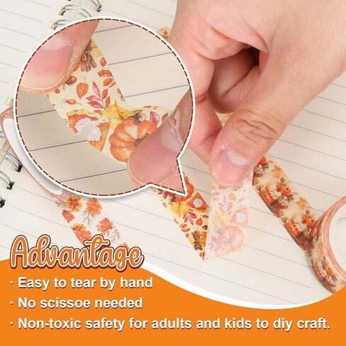 Whaline 12 Rolls Fall Watercolor Washi Tapes Colorful Autumn Pumpkin Maple Leaves Tree Mushroom Patterned Masking Tape Decorative Tape for Fall Scrapbook Journal DIY Craft Gift Wrapping, 0.6Inch in Kuwait