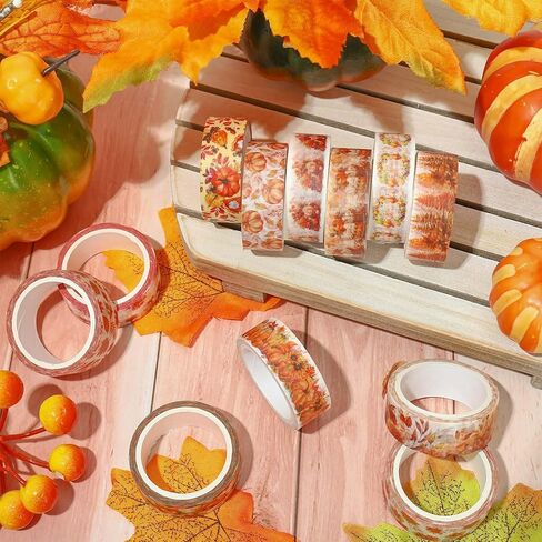 Whaline 12 Rolls Fall Watercolor Washi Tapes Colorful Autumn Pumpkin Maple Leaves Tree Mushroom Patterned Masking Tape Decorative Tape for Fall Scrapbook Journal DIY Craft Gift Wrapping, 0.6Inch in Kuwait