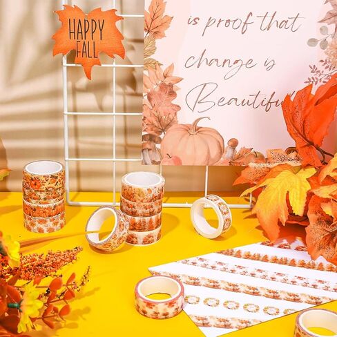 Whaline 12 Rolls Fall Watercolor Washi Tapes Colorful Autumn Pumpkin Maple Leaves Tree Mushroom Patterned Masking Tape Decorative Tape for Fall Scrapbook Journal DIY Craft Gift Wrapping, 0.6Inch in Kuwait