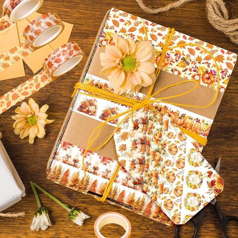 Whaline 12 Rolls Fall Watercolor Washi Tapes Colorful Autumn Pumpkin Maple Leaves Tree Mushroom Patterned Masking Tape Decorative Tape for Fall Scrapbook Journal DIY Craft Gift Wrapping, 0.6Inch in Kuwait