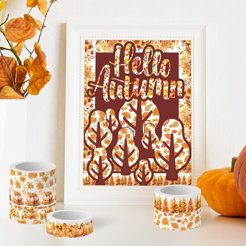 Whaline 12 Rolls Fall Watercolor Washi Tapes Colorful Autumn Pumpkin Maple Leaves Tree Mushroom Patterned Masking Tape Decorative Tape for Fall Scrapbook Journal DIY Craft Gift Wrapping, 0.6Inch in Kuwait