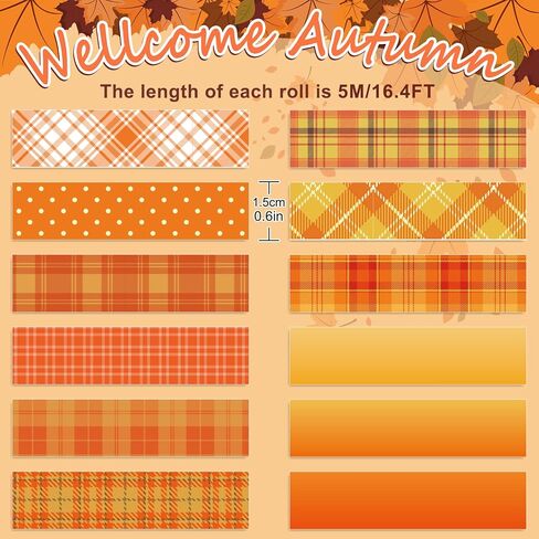 Whaline 12 Rolls Fall Watercolor Washi Tapes Colorful Autumn Pumpkin Maple Leaves Tree Mushroom Patterned Masking Tape Decorative Tape for Fall Scrapbook Journal DIY Craft Gift Wrapping, 0.6Inch in Saudi Arabia