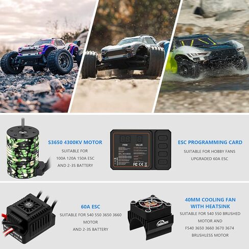 مراوح هواية مقاومة للماء GR3650 3900KV محرك بدون فرشاة 3.175 مم عمود مع 60 أمبير بدون مستشعر ESC مجموعة وحدة تحكم السرعة الكهربائية ومبدد حراري وبطاقة برمجة لشاحنة سيارة RC 1/10 in Kuwait