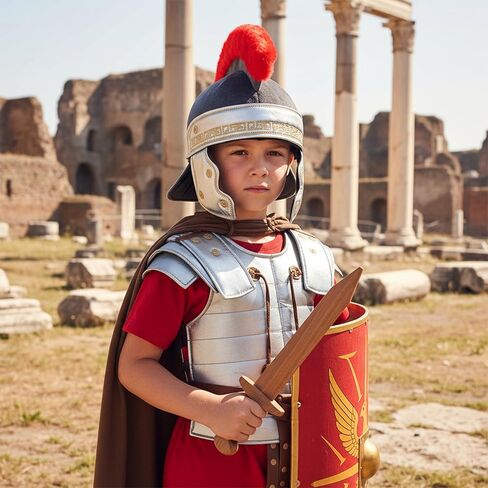 June Garden Kids Roman Centurion Helmet – Soft Plush Pretend Play Armor with Red Crest – Historical Dress-Up Costume Accessory for Boys & Girls Ages 3+ in Kuwait