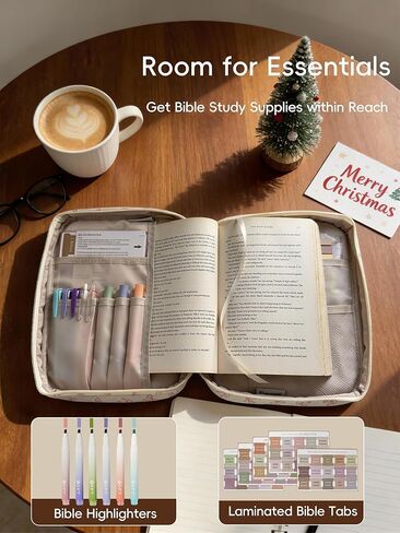 حافظة كبيرة لتغطية الكتاب المقدس للنساء - حقيبة حمل الكتاب المقدس مبطنة مع مقبض متين وجيب بسحاب، منظم غطاء الكتاب المقدس الواقي مع مجموعة لوازم دراسة الكتاب المقدس، القوس الوردي in Kuwait