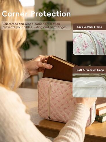 حافظة كبيرة لتغطية الكتاب المقدس للنساء - حقيبة حمل الكتاب المقدس مبطنة مع مقبض متين وجيب بسحاب، منظم غطاء الكتاب المقدس الواقي مع مجموعة لوازم دراسة الكتاب المقدس، القوس الوردي in Kuwait