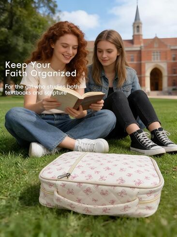 حافظة كبيرة لتغطية الكتاب المقدس للنساء - حقيبة حمل الكتاب المقدس مبطنة مع مقبض متين وجيب بسحاب، منظم غطاء الكتاب المقدس الواقي مع مجموعة لوازم دراسة الكتاب المقدس، القوس الوردي in Kuwait