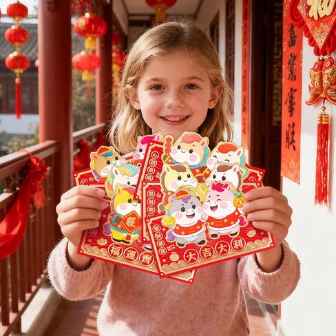 24 قطعة من الأظرف الحمراء الصينية على شكل حصان كرتوني لطيف، السنة القمرية الجديدة 2026 Lucky Money Hong Bao هدية لمهرجان الربيع، 6.7×3.55 بوصة-C in Kuwait