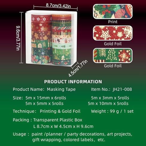 21 Rolls Christmas Gold Foil Washi Tape - Holiday Decor with Snowflake, Deer, Tree Designs - Self-Adhesive Tape for DIY Crafts, Wrapping,Scrapbooking Party Favors in Saudi Arabia