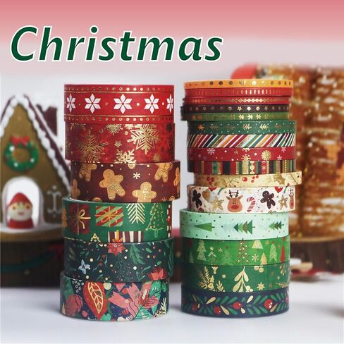 21 Rolls Christmas Gold Foil Washi Tape - Holiday Decor with Snowflake, Deer, Tree Designs - Self-Adhesive Tape for DIY Crafts, Wrapping,Scrapbooking Party Favors in Saudi Arabia