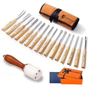 طقم نحت الخشب 17 قطعة للمبتدئين والمحترفين - مجموعة إزميل النجارة الممتازة مع مطرقة وحقيبة لفة - شفرات حلاقة حادة CR-V 60 شفرات فولاذية للتبييض والنحت والأعمال التفصيلية in Kuwait