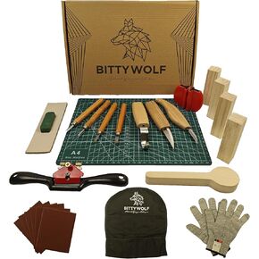 BittyWolf Wood Carving Kit , 24Pcs, Whittling Kit for Beginners, Knife Set with Cut Resistant Gloves, Wooden Blocks, Knife Sharpener and Hand Planer in Saudi Arabia