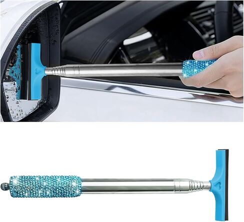Bling Car Rearview Mirror Wiper, Retractable Rhinestone Vehicle Window Squeegee Cleaner, Diamond Telescopic Portable Automotive Mirror Glass Cleaning Tool, Universal Fit (Red) in Saudi Arabia