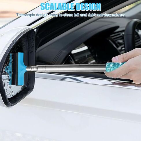 Bling Car Rearview Mirror Wiper, Retractable Rhinestone Vehicle Window Squeegee Cleaner, Diamond Telescopic Portable Automotive Mirror Glass Cleaning Tool, Universal Fit (Red) in Saudi Arabia
