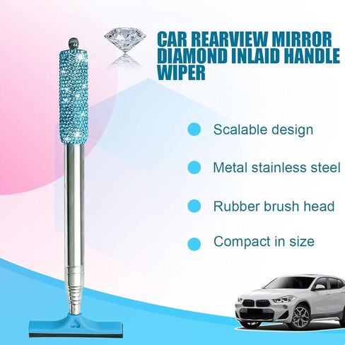 Bling Car Rearview Mirror Wiper, Retractable Rhinestone Vehicle Window Squeegee Cleaner, Diamond Telescopic Portable Automotive Mirror Glass Cleaning Tool, Universal Fit (Red) in Saudi Arabia